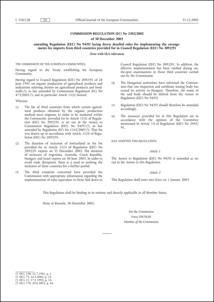 Commission Regulation (EC) No 2382/2002 of 30 December 2002 amending Regulation (EEC) No 94/92 laying down detailed rules for implementing the arrangements for imports from third countries provided for in Council Regulation (EEC) No 2092/91 (Text with EEA relevance) (repealed)