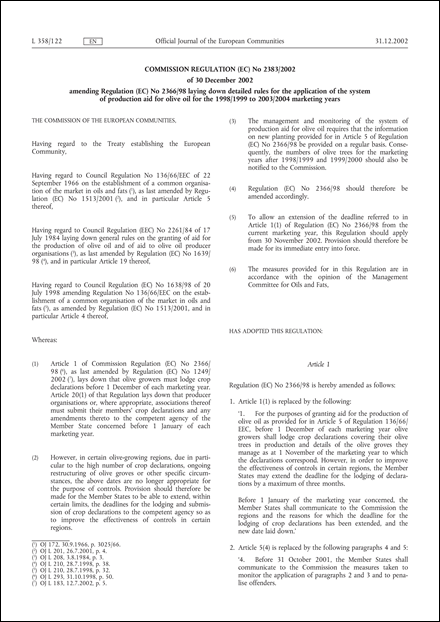 Commission Regulation (EC) No 2383/2002 of 30 December 2002 amending Regulation (EC) No 2366/98 laying down detailed rules for the application of the system of production aid for olive oil for the 1998/1999 to 2003/2004 marketing years