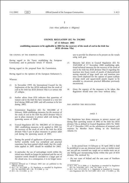 Council Regulation (EC) No 254/2002 of 12 February 2002 establishing measures to be applicable in 2002 for the recovery of the stock of cod in the Irish Sea (ICES division VIIa) (repealed)