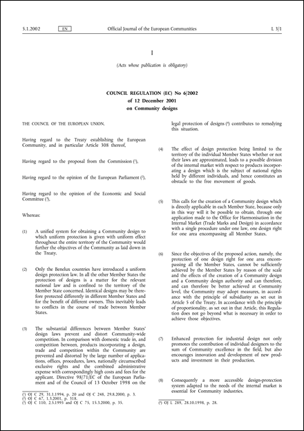 Council Regulation (EC) No 6/2002 of 12 December 2001 on Community designs