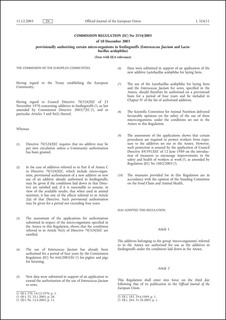 Commission Regulation (EC) No 2154/2003 of 10 December 2003 provisionally authorising certain micro-organisms in feedingstuffs (Enterococcus faecium and Lactobacillus acidophilus) (Text with EEA relevance)