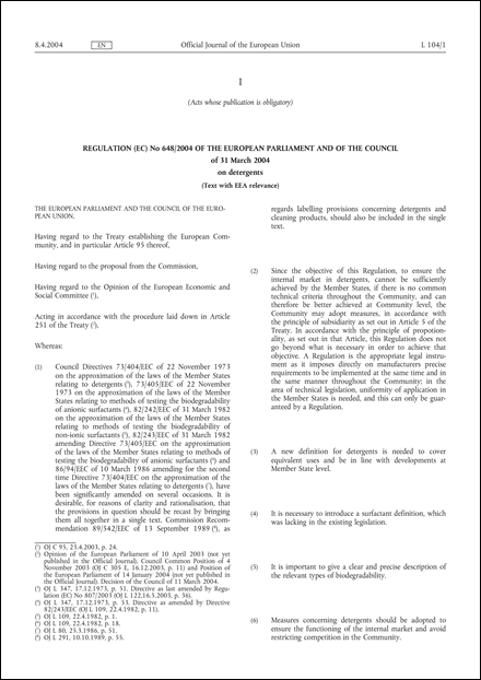 Regulation (EC) No 648/2004 of the European Parliament and of the Council of 31 March 2004 on detergents (Text with EEA relevance)