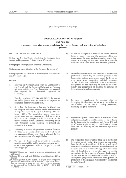 Council Regulation (EC) No 797/2004 of 26 April 2004 on measures improving general conditions for the production and marketing of apiculture products