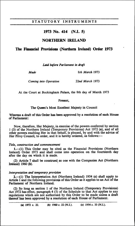 The Financial Provisions (Northern Ireland) Order 1973