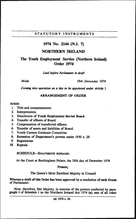 The Youth Employment Service (Northern Ireland) Order 1974