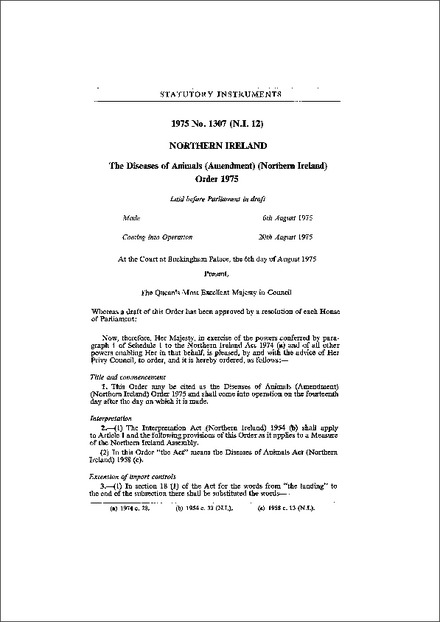 The Diseases of Animals (Amendment) (Northern Ireland) Order 1975