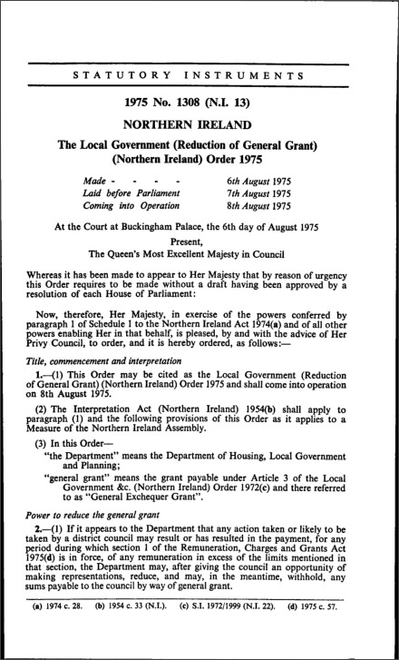 The Local Government (Reduction of General Grant) (Northern Ireland) Order 1975