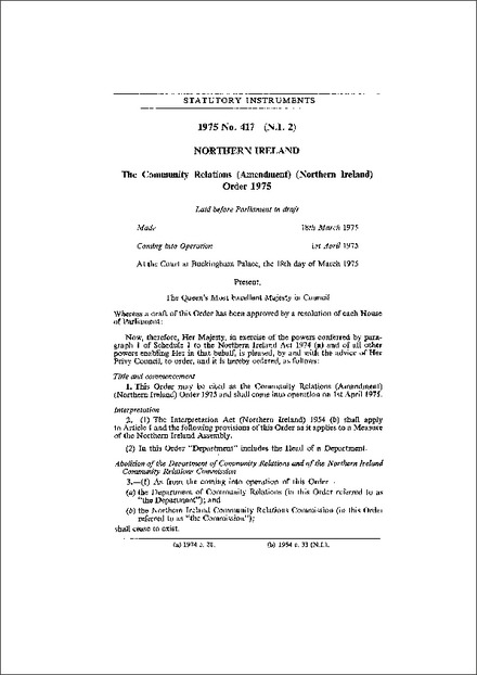The Community Relations (Amendment) (Northern Ireland) Order 1975