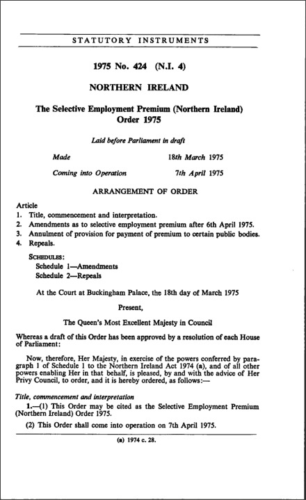 The Selective Employment Premium (Northern Ireland) Order 1975