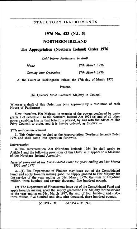 The Appropriation (Northern Ireland) Order 1976