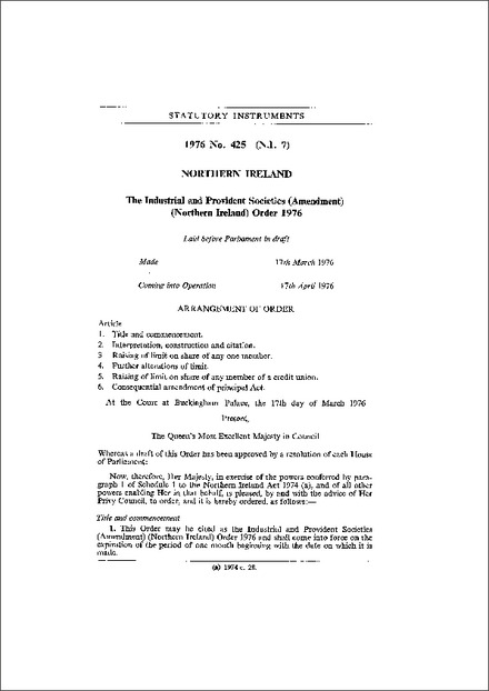 The Industrial and Provident Societies (Amendment) (Northern Ireland) Order 1976