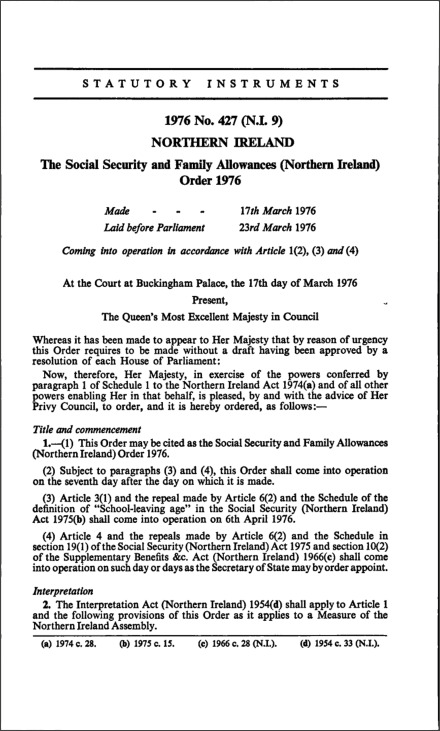 The Social Security and Family Allowances (Northern Ireland) Order 1976