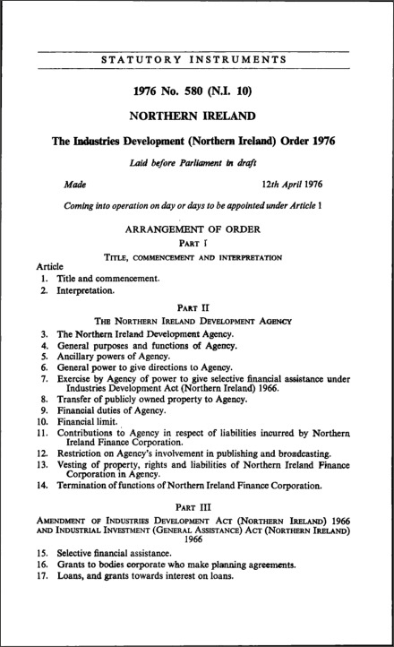 The Industries Development (Northern Ireland) Order 1976