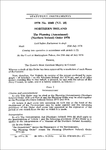 The Planning (Amendment) (Northern Ireland) Order 1978