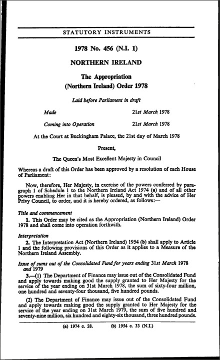 The Appropriation (Northern Ireland) Order 1978