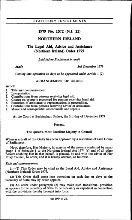 The Legal Aid, Advice and Assistance (Northern Ireland) Order 1979