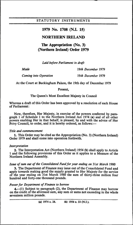 The Appropriation (No. 3) (Northern Ireland) Order 1979