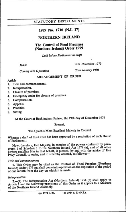 The Control of Food Premises (Northern Ireland) Order 1979