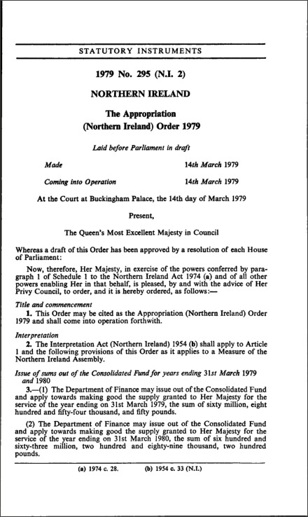 The Appropriation (Northern Ireland) Order 1979