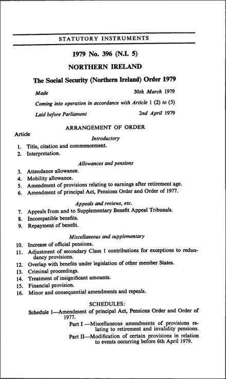 The Social Security (Northern Ireland) Order 1979