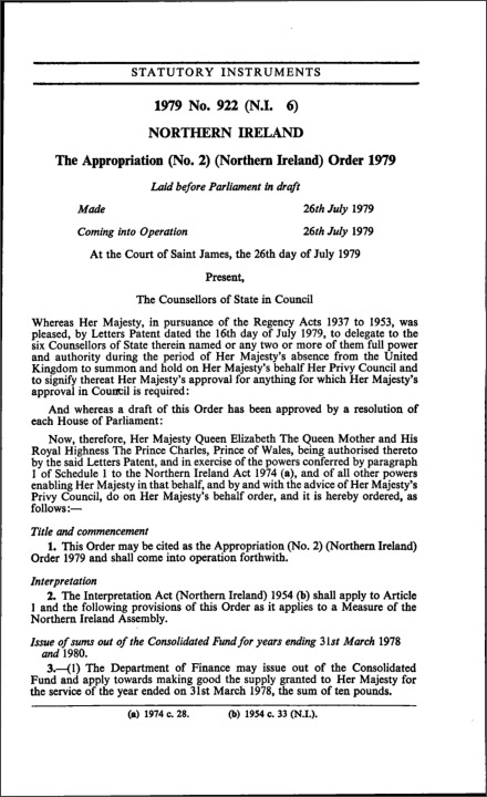 The Appropriation (No. 2) (Northern Ireland) Order 1979
