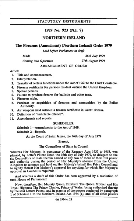 The Firearms (Amendment) (Northern Ireland) Order 1979