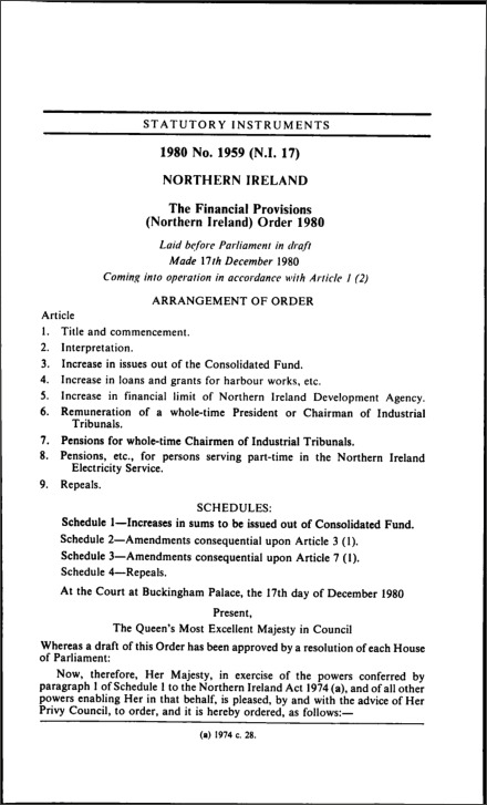 The Financial Provisions (Northern Ireland) Order 1980