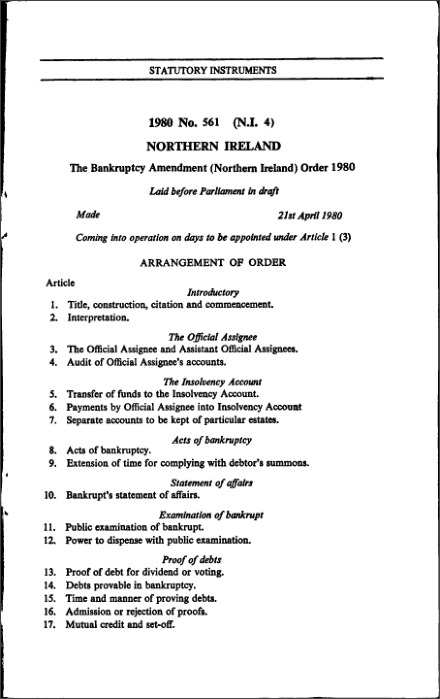 The Bankruptcy Amendment (Northern Ireland) Order 1980
