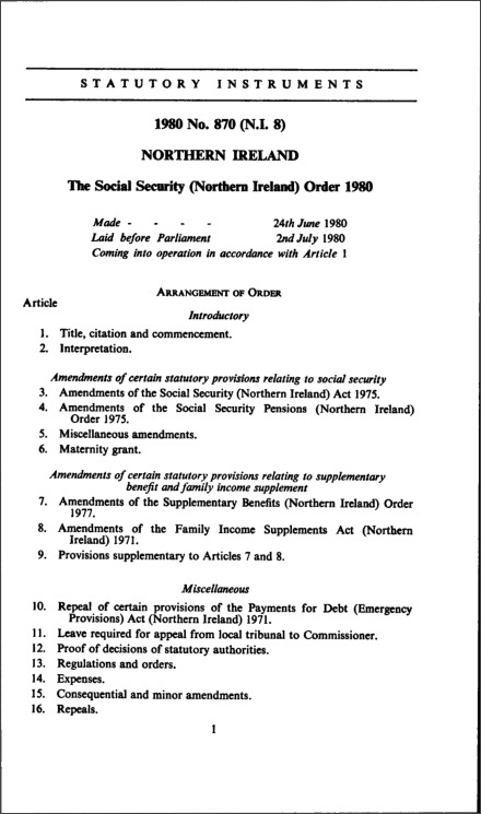 The Social Security (Northern Ireland) Order 1980