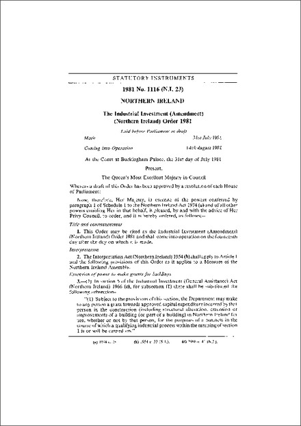 The Industrial Investment (Amendment) (Northern Ireland) Order 1981