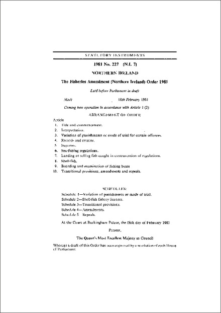 The Fisheries Amendment (Northern Ireland) Order 1981