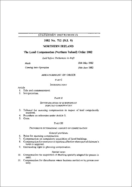 The Land Compensation (Northern Ireland) Order 1982