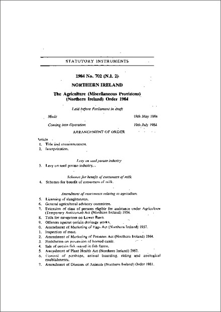 The Agriculture (Miscellaneous Provisions) (Northern Ireland) Order 1984