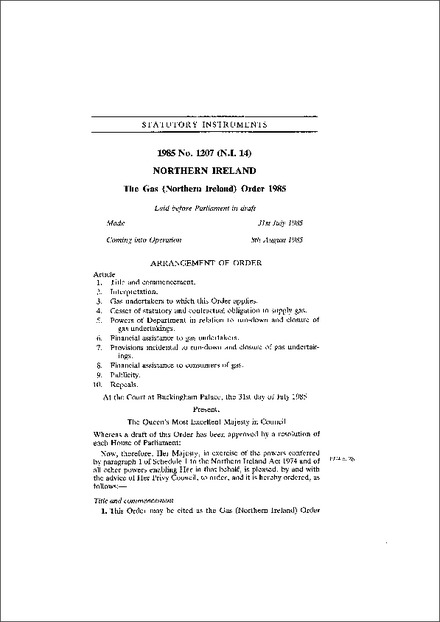 The Gas (Northern Ireland) Order 1985