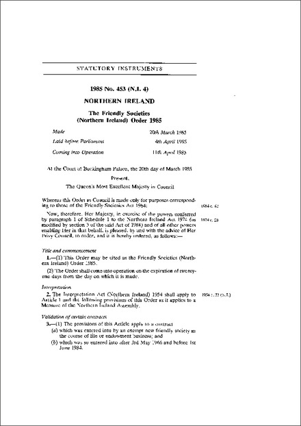 The Friendly Societies (Northern Ireland) Order 1985