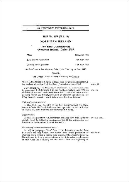 The Rent (Amendment) (Northern Ireland) Order 1985