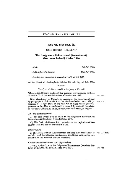 The Judgments Enforcement (Amendment) (Northern Ireland) Order 1986
