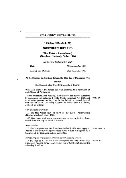 The Rates (Amendment) (Northern Ireland) Order 1986