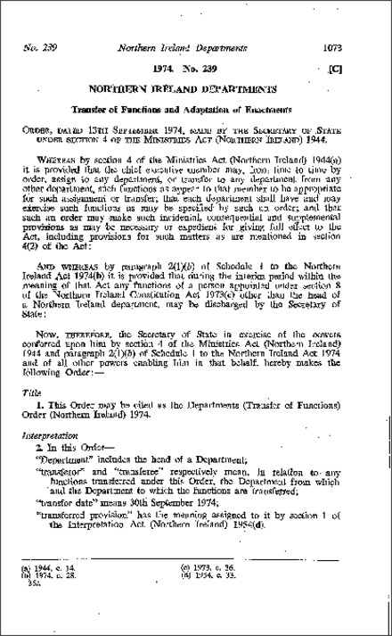 The Departments (Transfer of Functions) Order (Northern Ireland) 1974