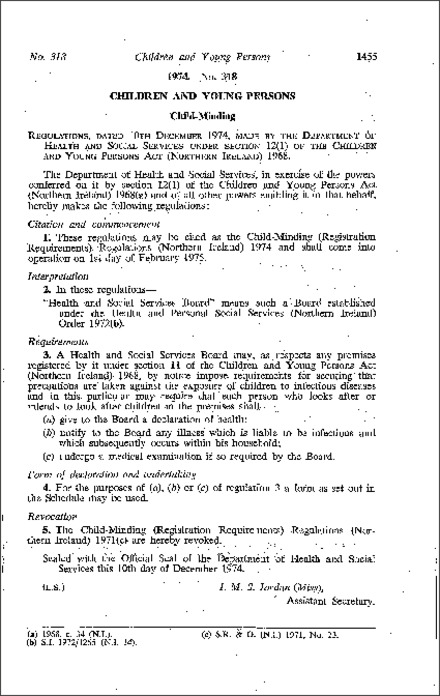 The Child-Minding (Registration Requirements) Regulations (Northern Ireland) 1974
