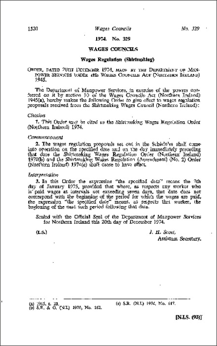 The Shirtmaking Wages Regulations Order (Northern Ireland) 1974