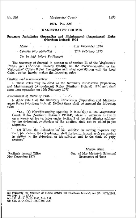 The Summary Jurisdiction (Separation and Maintenance) (Amendment) Rules (Northern Ireland) 1974