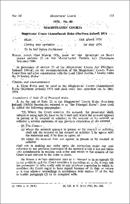 The Magistrates' Courts (Amendment) Rules (Northern Ireland) 1974