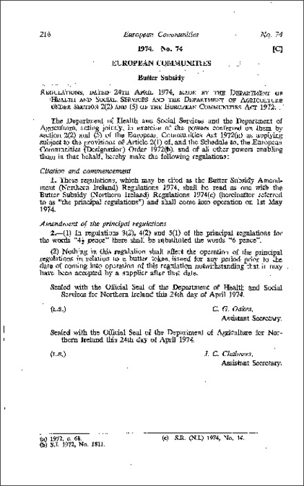 The Butter Subsidy Amendment (Northern Ireland) Regulations (Northern Ireland) 1974