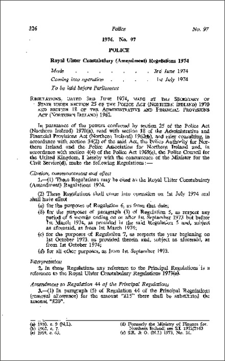 The Royal Ulster Constabulary (Amendment) Regulations (Northern Ireland) 1974