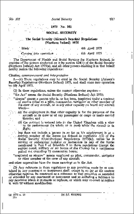 The Social Security (Airmen's Benefits) Regulations (Northern Ireland) 1975