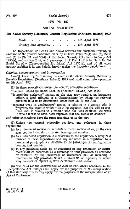 The Social Security (Maternity Benefit) Regulations (Northern Ireland) 1975