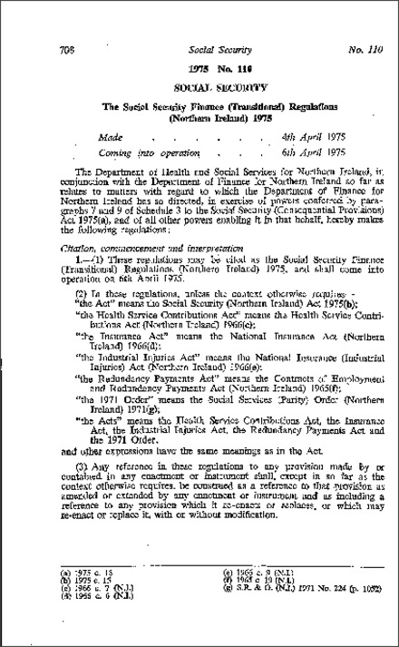 The Social Security Finance (Transitional) Regulations (Northern Ireland) 1975