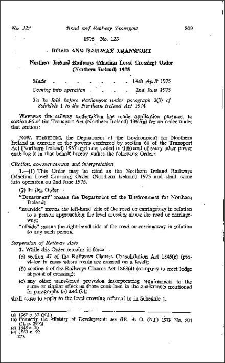 The Northern Ireland Railways (Macfinn Level Crossing) Order (Northern Ireland) 1975