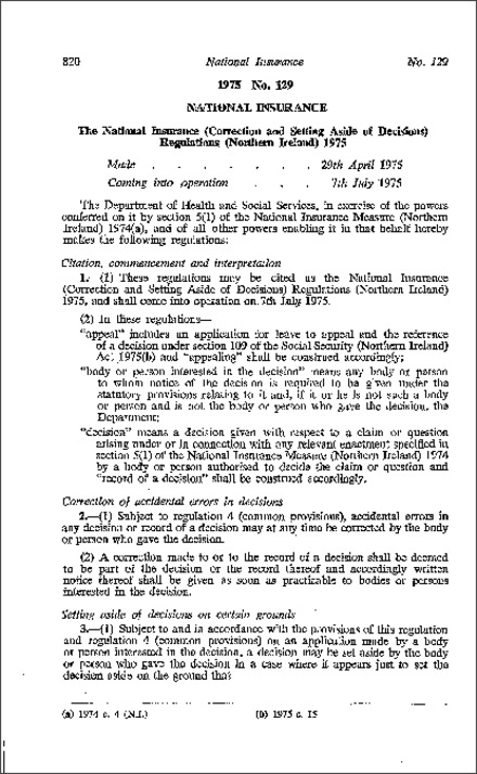 The National Insurance (Correction and Setting Aside of Decisions) Regulations (Northern Ireland) 1975